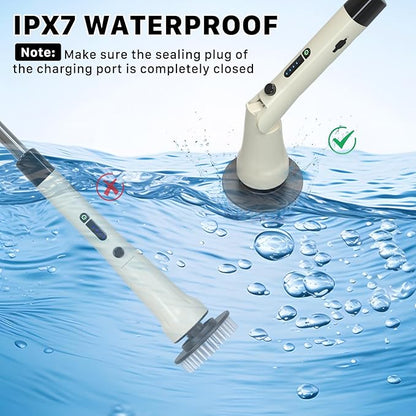 Electric Spin Scrubber, Hillyfe Bath Scrubber for Cleaning with 7 Replaceable Brush Heads, IPX7 Waterproof,300/400 RPM, 3 Adjustable Size,Cordless Shower Cleaner Brush for Bathroom Floor,Beige