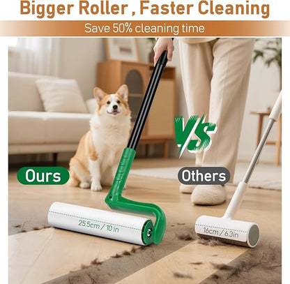 10" Large Lint Roller for Pet Hair Extra Sticky with Extra 3 Refills, Long Handle Floor Sticky Rollers with Big Lint Rollers Refills for Cleaning Carpets, Cars, Furniture
