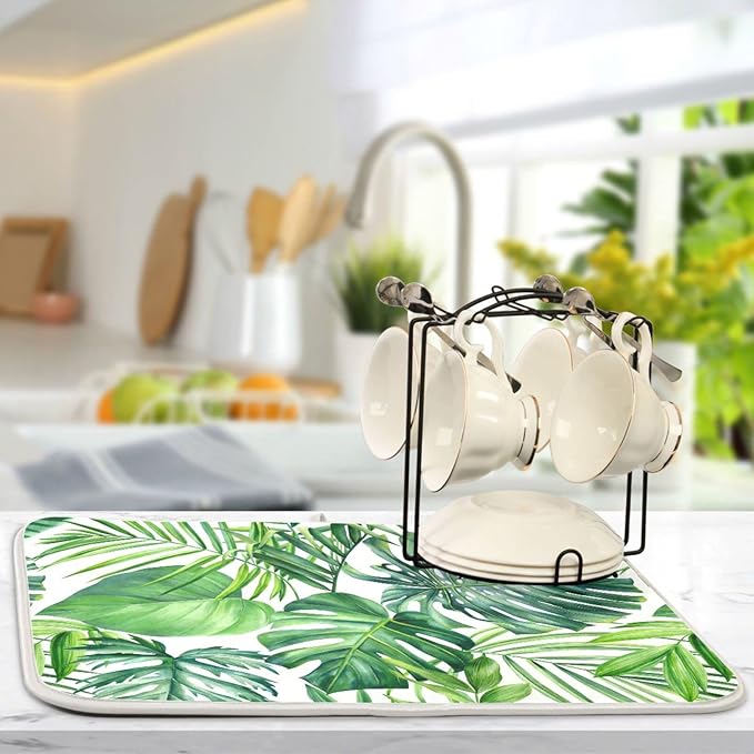 Tropical Palm Leaves Dish Drying Mat for Kitchen Counter Green Monstera Leaf Absorbent Microfiber Drying Pad, Medium 16x18 in, Reversible Drainer Mats