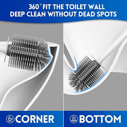 Toilet Brush and Holder Set, Silicone Toilet Bowl Brush, Bathroom Accessories, Durable Toilet Scrubber Bristles, Compact Size for RV, Wall Mountable, Drip-Proof, Deep Cleaning. (White)