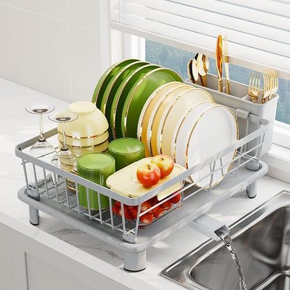 Dish Drainer Rack with Drip Tray, Sink Dish Drainer with Drainage Spout, Stainless Steel Dish Drying Rack with Cups, Utensil & Cutting Board Holders for Kitchen Counter Space-Saving, Grey
