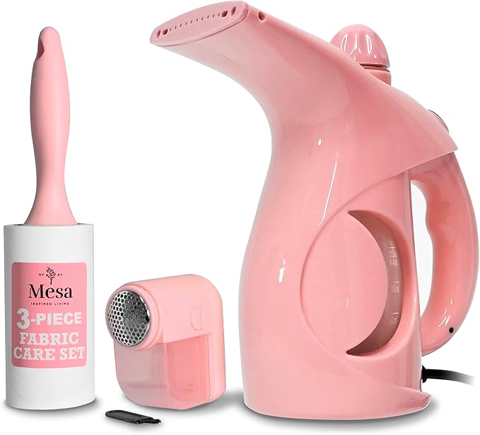 Inspired Living Fabric Care Kit – 3-Piece Garment Care Set with Handheld Steamer, Lint Roller & Fabric Shaver/Defuzzer – Wrinkle Remover & Clothing Refresh Essentials – Blush Pink