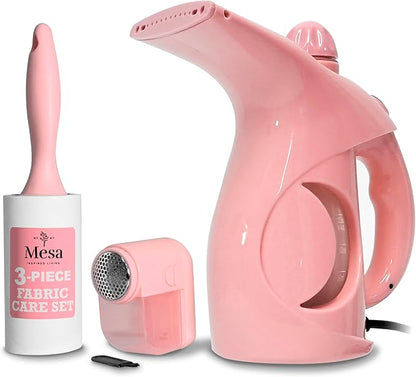 Inspired Living Fabric Care Kit – 3-Piece Garment Care Set with Handheld Steamer, Lint Roller & Fabric Shaver/Defuzzer – Wrinkle Remover & Clothing Refresh Essentials – Blush Pink