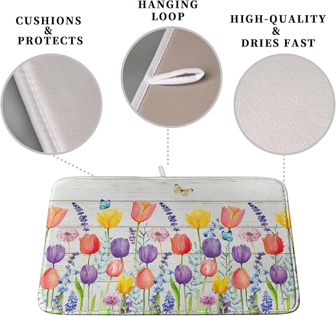 Tulip Floral Dish Drying Mat for Kitchen Counter Watercolor Spring Flower Dish Mat Absorbent Microfiber Dish Draining Mat Reversible Heat Resistant Dishes Pad Large 16 x 18 Inch