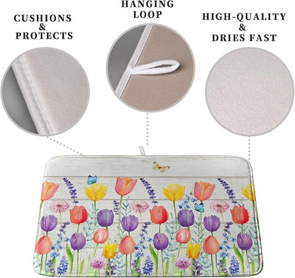 Tulip Floral Dish Drying Mat for Kitchen Counter Watercolor Spring Flower Dish Mat Absorbent Microfiber Dish Draining Mat Reversible Heat Resistant Dishes Pad Large 16 x 18 Inch