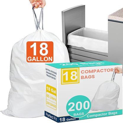 18 Gallon 200 Count Heavy Duty Compactor Trash Bags 1.2 Mil THICK Reinforced Drawstring Garbage Liners Fit 13-18 Gallon Compatible with Kitchenaid, Whirpool, GE 15 Inch Compactors GRAND SAVE!