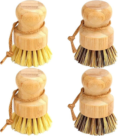 Bamboo Dish Brush Set, 4 Pcs Palm Wooden Dish Scrubber Brush, Dish Brushes, Durable Wood Dishes Scrub Brush, Natural Round Vegetable Cleaning Pots Pans Sink Washing Kitchen Brush by Aisuly