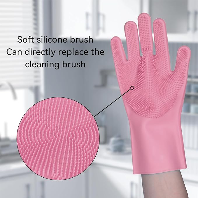 Silicone Dishwashing Gloves, Kitchen Gloves for Washing Dishes Reusable Waterproof Dishwashing with Cleaning Brush