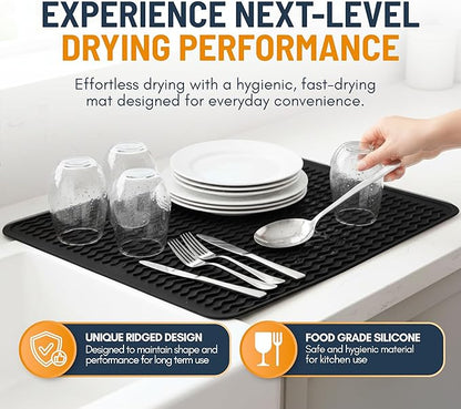 Silicone Dish Drying Mat for Kitchen Counter - Multi-Use 16 x 12 Inch Pad, Non-Slip & Heat-Resistant, Perfect Dish Drainer Mat by Linda’s Essentials, Ideal Kitchen Accessory (Black)