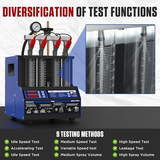 Fuel Injector Cleaner Tester Machine,V308 Heated Ultrasonic Cleaner Tester with 9 Test Modes, 4 Cylinder Fuel System Injection Cleaning Tool Kit for Motorcycle Most Car Injectors (V308)