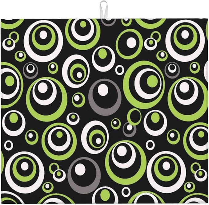 Green Black Gray Geometric Circle Dish Drying Mat for Kitchen Counter, 16" x 18" Absorbent Microfiber Modern Drying Pad for Dish Drainer, Washable, Foldable for Kitchen Gadgets, Multi-Use, Home Decor