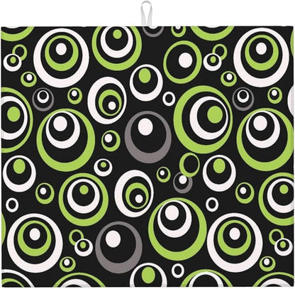 Green Black Gray Geometric Circle Dish Drying Mat for Kitchen Counter, 16" x 18" Absorbent Microfiber Modern Drying Pad for Dish Drainer, Washable, Foldable for Kitchen Gadgets, Multi-Use, Home Decor