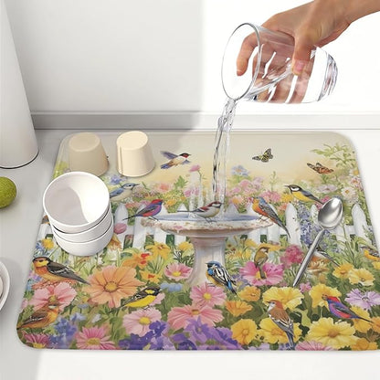 Spring Summer Floral Birds Dish Drying Mat for Kitchen Counter Colorful Garden Pattern Drying Mat 16x18 Inch Rustic Farmhouse Absorbent Dish Drainer Mat Kitchen Accessories