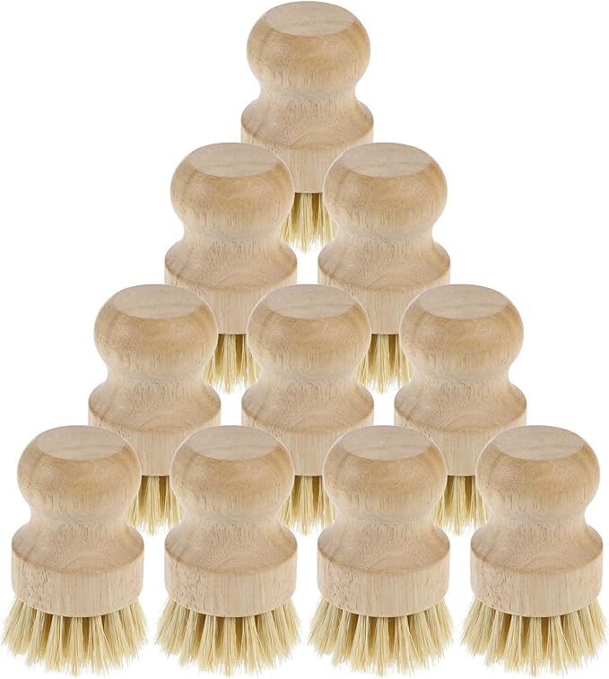 10 Pcs Bamboo Dish Scrub Brush Set, Mini Natural Wooden Scrubbers Set Round Dish Brush Vegetable Durable Scrubber Cleaning Kit for Cleaning Pot Pan Sink