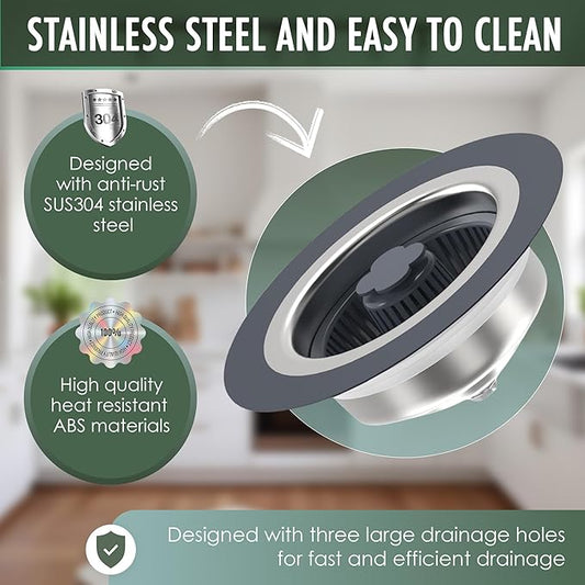 2-Piece Sink Strainers for Kitchen Sink Food Catcher - 3 in 1 Stainless Steel and Silicone Hair Drain Strainer Basket Stopper for Bathroom - Anti-Clogging Sink for US Standard 3-1/2 Inch Drains