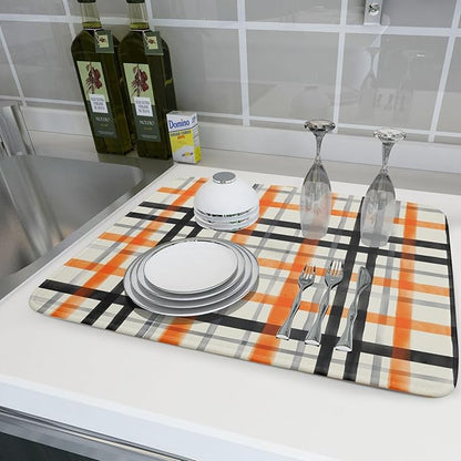 Fall Orange Black Buffalo Plaid Dish Drying Mat 18 x 24 Inch With Absorbent Reversible Microfiber Thanksgiving Autumn Halloween Drying Mats Dish Drainer Mat Fast Dry For Kitchen Dining Room Decor