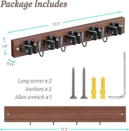 Broom Holder Wall Mount, Rustic Wood Broom Hanger with 5 Racks and 4 Hooks, Laundry Room Organization and Storage, Mop Holder for Home Decor, Garden, Garage, Kitchen, Closet (Black walnut Wood)