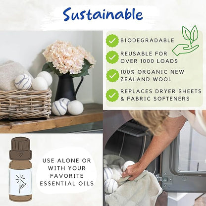 Organic Wool Dryer Balls Laundry Reusable (Set of 6) XL - 100% Pure New Zealand Wool - Natural Anti Static Fabric Softener Balls