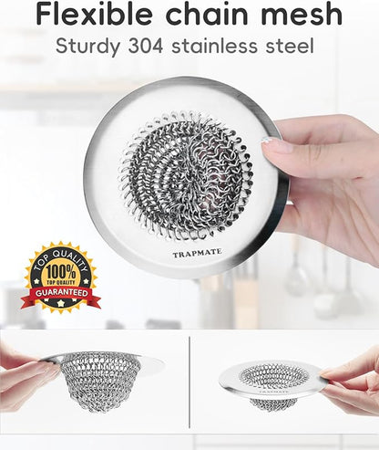 TRAPMATE 2 Pcs Kitchen Sink Drain Strainer, Stainless Steel Sink Strainer Basket with Easy Clean & Anti-Clog, Fits Garbage Disposal, Dishwasher Safe, Single & Double Bowl Sinks (Patented Product)