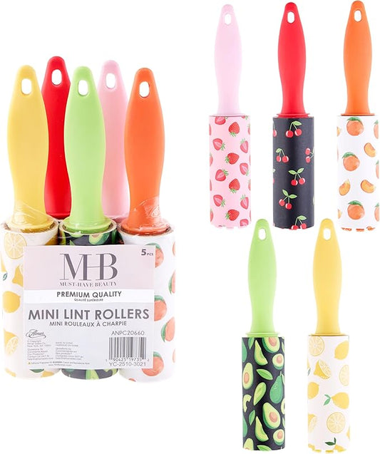 Expressions 5pc Mini Lint Rollers Value Pack - Colorful Compact Mini Lint Roller for Travel, Household Essentials Pet Hair Removal Tool & Lint Removers for Clothing (Fruit)