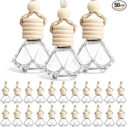 BBTO 50 Pcs Hanging Car Air Freshener Car Diffuser Bottles Empty Glass Perfume Bottle Freshener Diffuser Bottle Pendant for Essential Oil Fragrance Aromatherapy Ornament(Rhombus)