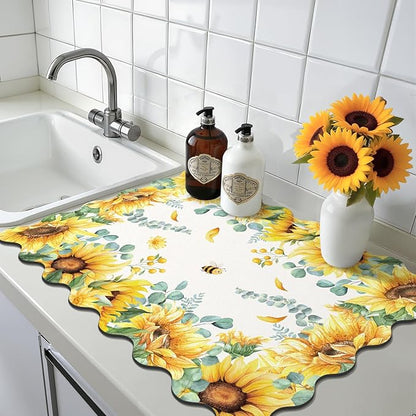 LOKHOM Scalloped Floral Dish Drying Mat, 18"x24" Super Absorbent Coffee Mat with Watercolor Yellow Sunflowers, Cuttable Hide Stain Non-slip Drying Mat for Kitchen Counter Coffee Maker Espresso Machine