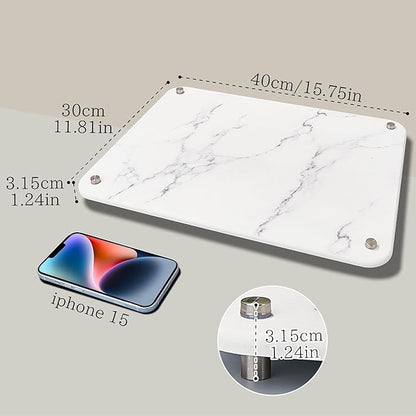 Stone Dish Drying Mat for Kitchen Counter, Quick Drying Diatomaceous Earth Dish Drying Mat with 4 Metal Brackets for Kitchen Sink, Size 15.7 x 11.8 Inches, White Marble Style