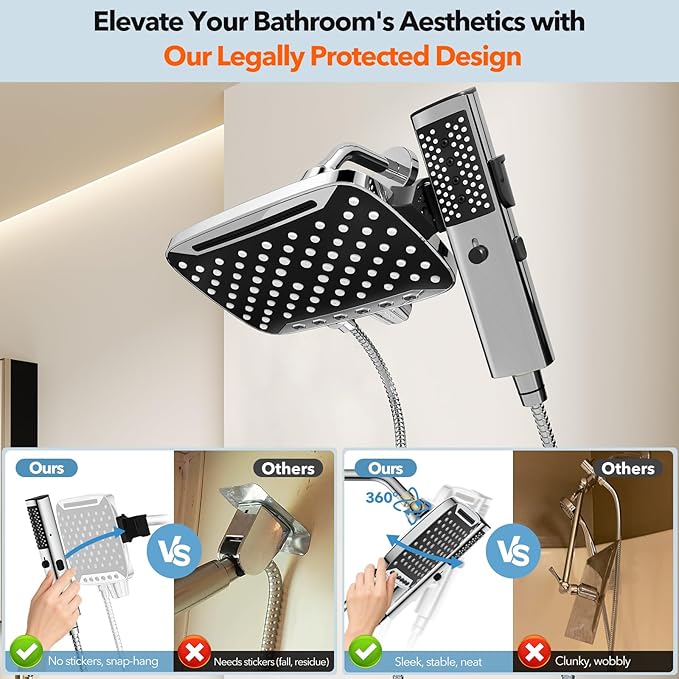 High Pressure Rain Shower Head, 7 Spray Modes Rain Shower Heads with Handheld Spray Combo, Dual Showerhead with 10 Inch Rainfall Spray, Detachable Hand Held Shower, Stainless Steel Hose, Power Wash