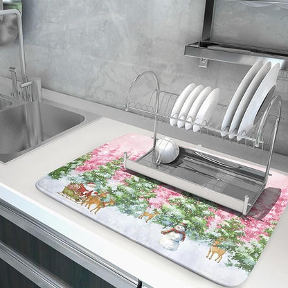 Winter Dish Drying Mats for Kitchen Counter Watercolor Forest Decoration Coffee Mat for Holiday Decor