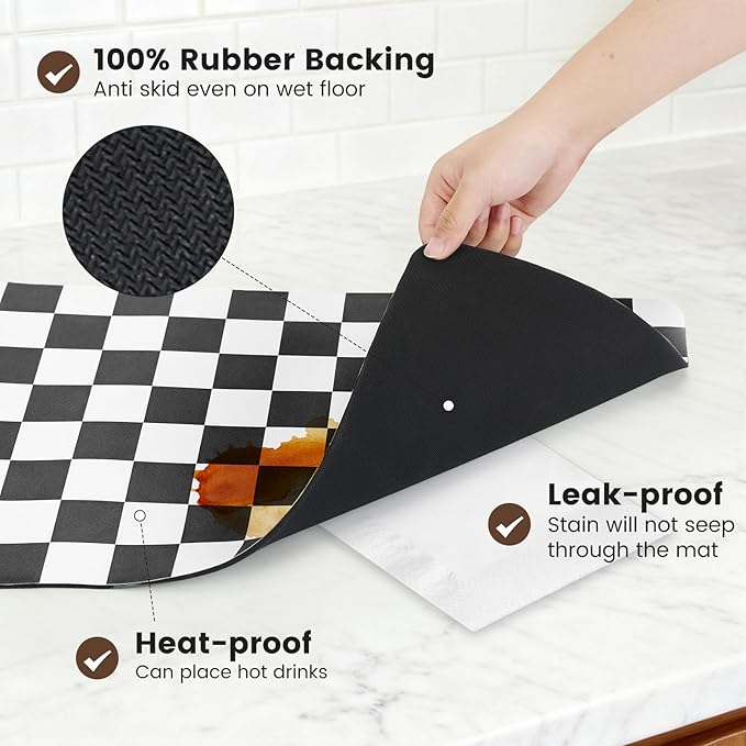 16" x 24" Checkered Dish Drying Mat for Kitchen Counter, Absorbent Coffee Bar Mat for Espresso Machine Coffee Countertops Accessories (Black)