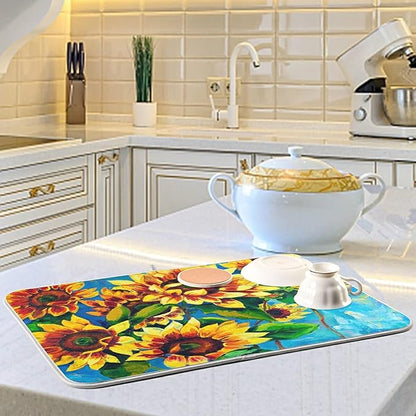 Super Absorbent Dish Drying Mat, Microfiber Fast-Drying Dish Mat, 24" x 18", Kitchen Dish Drying Pad, Sunflowers