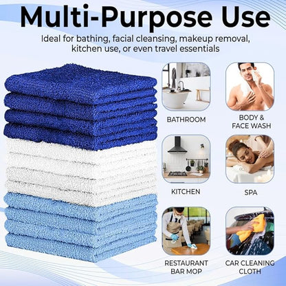 100% Cotton Washcloth Set – Soft, Absorbent Face Towels for Bathroom & Gym Use – Durable & Reusable Wash Cloths - (Blue, White and Navy (12x12), (Pack of 12)