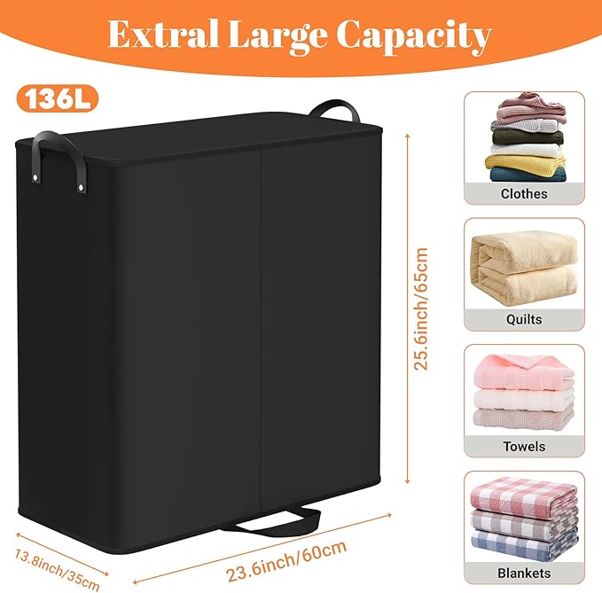 Large Double Laundry Hamper with Lid, Removable Bags & Reinforced Handles, 2 Section Tall Laundry Basket, Dirty Clothes Hampers for Laundry Room, Bedroom, Bathroom, Dorm, 136L, Black