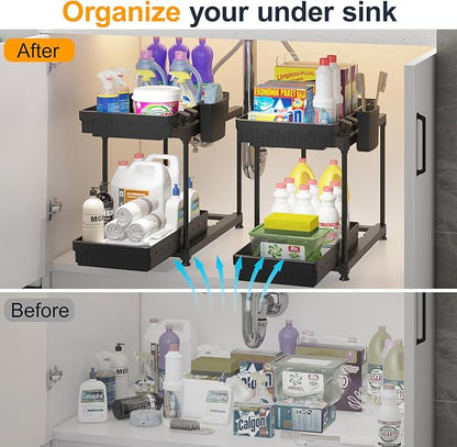 2 Pack Double Sliding Under Sink Organizers and Storage, 2 Tier Under Bathroom Cabinet Shelf Organizer with Hooks Hanging Cup, Home Organization, Black
