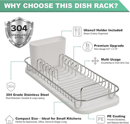 SunnyPoint 304 Stainless Steel NeverRust Compact Dish Drying Rack with Utensil Holder & Removable Drain Tray, Rustproof Small Dish Rack for Kitchen Countertop or Over Sink (Metallic Silver, Compact)