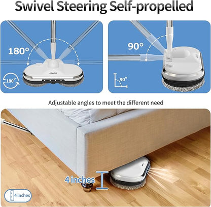 Electric Mop, AlfaBot WS-24 Cordless Spin Mop for Floor Cleaning, Lightweight & Rechargeable Floor Cleaner with Water Sprayer and LED Headlight for Hardwood and Tile Floors, White