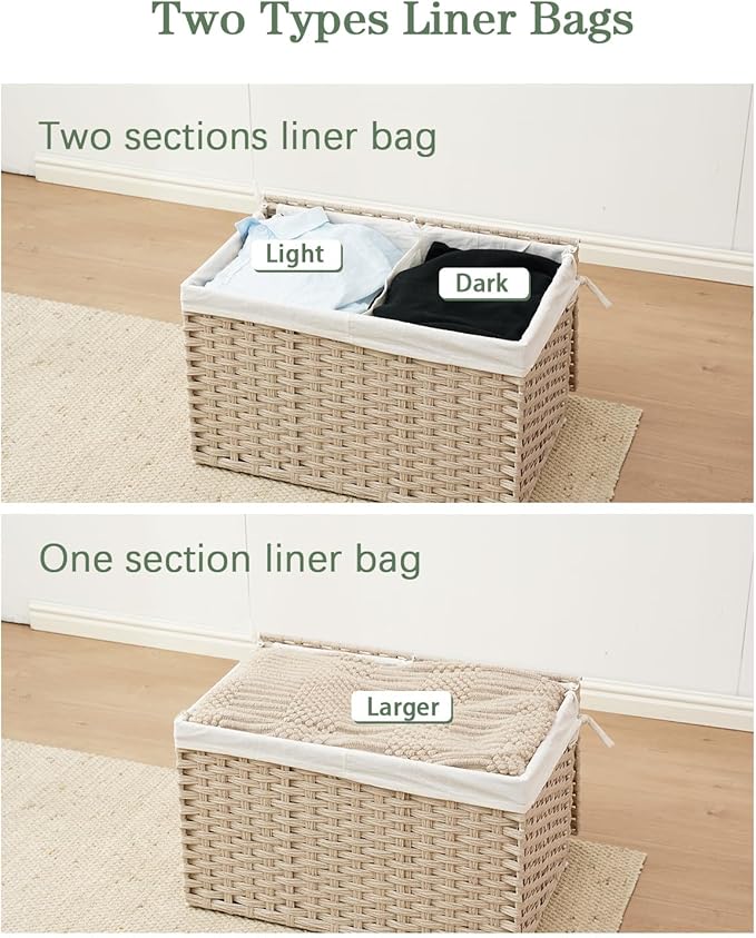Storage Basket with Lid Rattan Woven Storage Baskets with 2 Separate Lids, 17.2 Gallon (65 L) Wicker Storage Bins Foldable 2 Removable Liner Bags Handles for Bedroom, Laundry Room Light Khaki