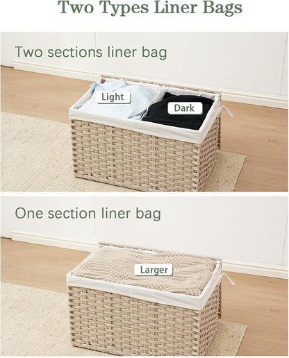 Storage Basket with Lid Rattan Woven Storage Baskets with 2 Separate Lids, 17.2 Gallon (65 L) Wicker Storage Bins Foldable 2 Removable Liner Bags Handles for Bedroom, Laundry Room Light Khaki