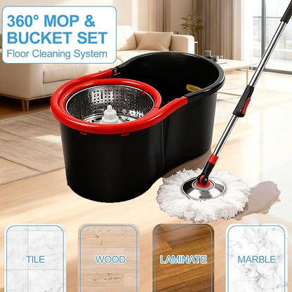 Spin Mop and Bucket with Wringer Set, 360°Rotating Head Mop Bucket System, 3 Replacement Mop Heads for Floor Cleaning (Black & Red) (A mop Head)