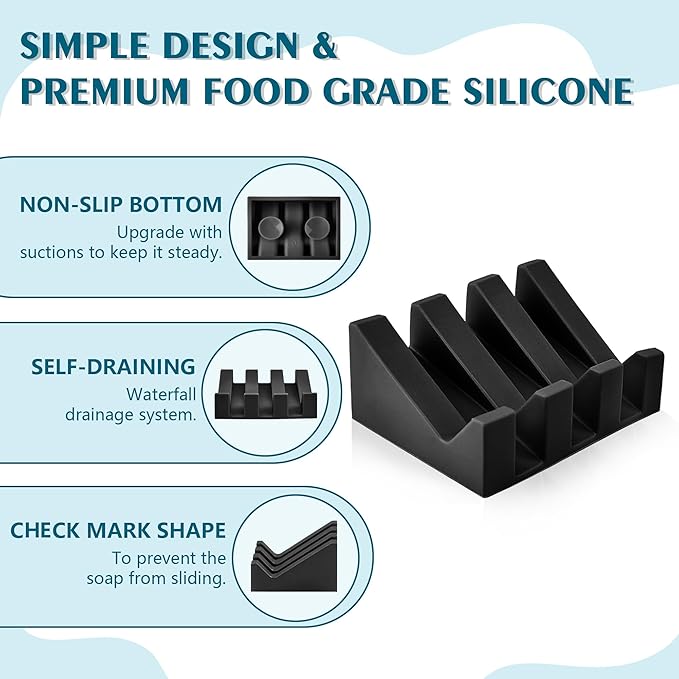 Soap Dish Holder for Shower with Suction Cup, Silicone Soap Holder & Saver Self-Draining Bar Soap Dish Keeps Soap Dry for Bathroom, Kitchen, Bathtub, Extends Soap Life (Black-2Pack)