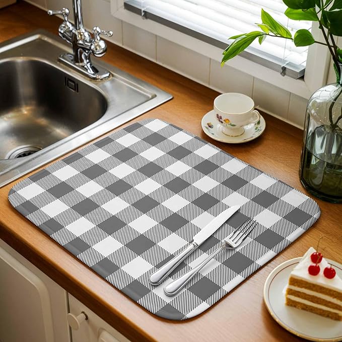 Dish Drying Mat Gray Buffalo Check Plaid Drying Mats for Kitchen Counter Farmhouse Style Absorbent Microfiber Dish Drainer Quick Drying Coffee Mat with Hanging Loop, 18 x24 inch