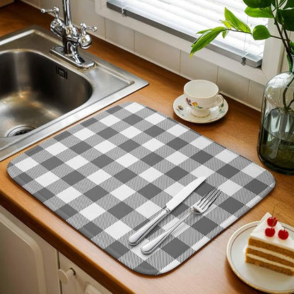 Dish Drying Mat Gray Buffalo Check Plaid Drying Mats for Kitchen Counter Farmhouse Style Absorbent Microfiber Dish Drainer Quick Drying Coffee Mat with Hanging Loop, 18 x24 inch