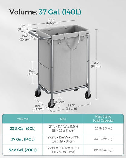 SONGMICS Laundry Basket with Wheels, 2-Section Rolling Laundry Hamper, 37 Gallons (140 L), Removable Liner, Steel Frame with Handle, 27.2 x 15.4 x 31.9 Inches, Dove Gray URLS004G01