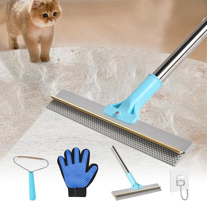 2 in 1 Carpet Rake for Pet Hair Removal Tool 54" Long Handle Rug Rake Dog Cat Hair Remover Broom with Dog Hair Grooming Glove Metal Pet Hair Removal Pro for Woodfloor Mat Stair Couch Car (Blue)