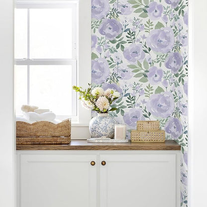 Orainege Floral Wallpaper Peel and Stick Wallpaper Floral Contact Paper 16.9in x196.8in Boho Peony Self Adhesive Removable Wall Paper for Bedroom Decor Vinyl, Purple