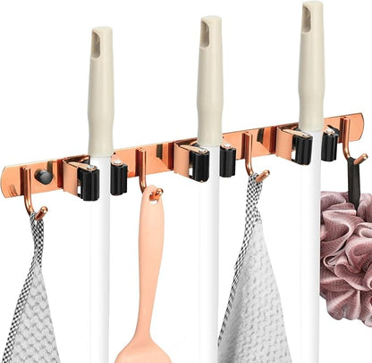 3 Racks and 4 Heavy Duty Hooks Mop and Broom Holder Wall Mount, Stainless Steel Broom Organizer Storage Utility Tool Racks for Home, Kitchen, Garage, Laundry Room. Rose Gold