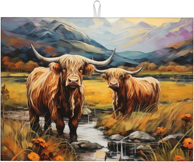 Highland Cow Dish Drying Mats for Kitchen Counter, Absorbent Reversible Microfiber Dish Drying Pad, Multi-Use Large Drying Mat Coffee Bar Accessories 18"x24"