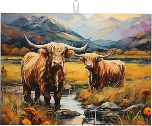 Highland Cow Dish Drying Mats for Kitchen Counter, Absorbent Reversible Microfiber Dish Drying Pad, Multi-Use Large Drying Mat Coffee Bar Accessories 18"x24"