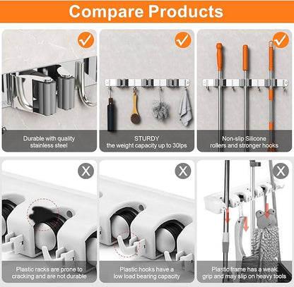 CUXIXA 2 Pack Mop and Broom Holder Wall Mount, Non-slip Broom Hanger Wall Mount, Heavy Duty Mop Broom Organizer for Kitchen Garden Garage Laundry Room Wall Decor Organization and Storage Black 5R4H