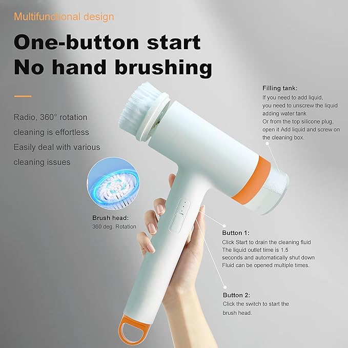 Can add Cleaning Cleaner ,Electric Spin Scrubber Handheld scrubbers for Cleaning， Electric Dishgun，Spin Brush for Cleaning Set，5 Replaceable Brush Heads Kitchen, Shower, Floor, Bathroom Turboscrub